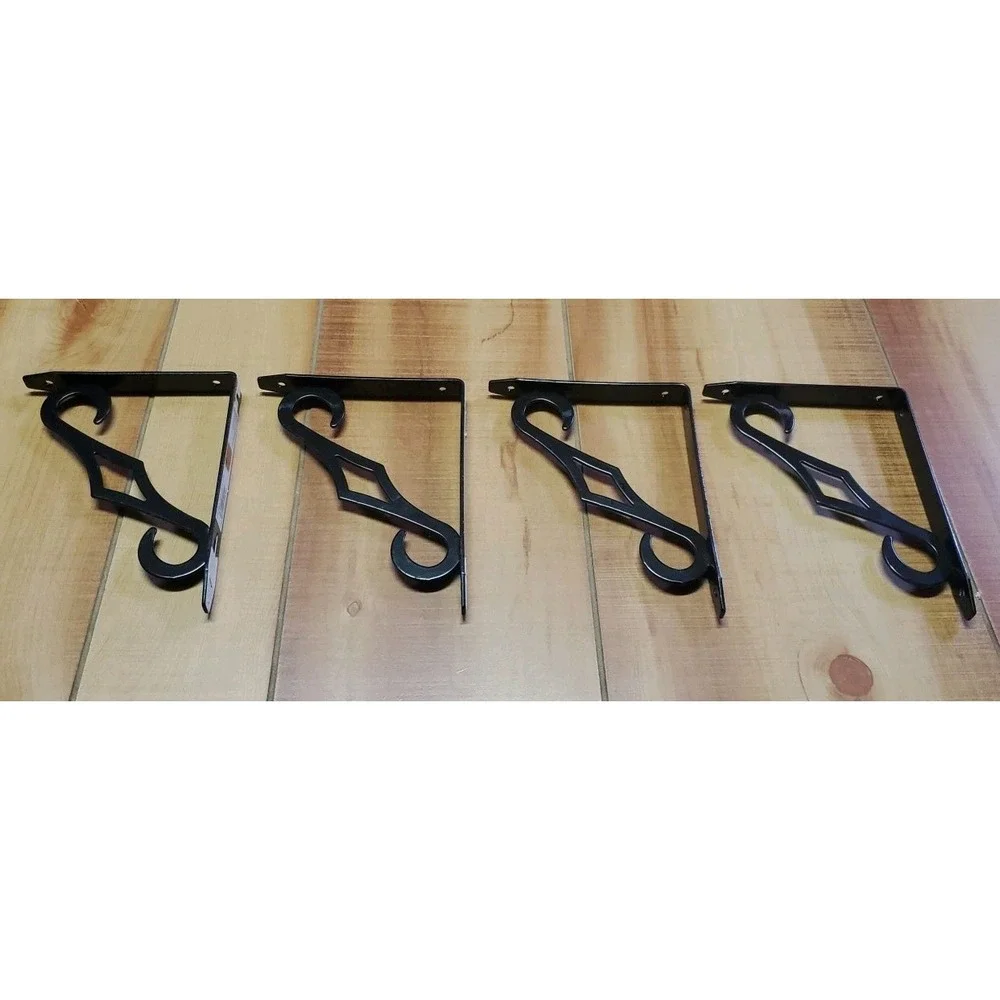 Vintage Black Metal Shelf Brackets Set of 4 Diamond Scroll Wall Shelf Supports